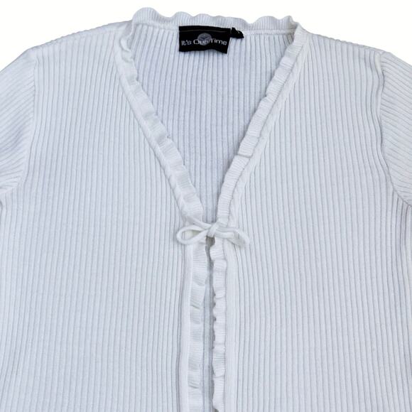 It’s Our Time White Ribbed Tie Front Ruffle Trim Cardigan Top Y2K Fairy Grunge S - Picture 5 of 8